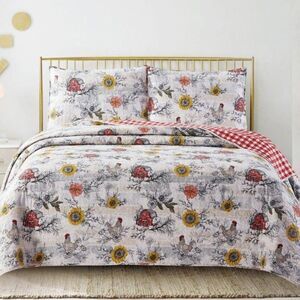 Cottagecore Sweet Home Printed Queen Quilt Set Barn Rooster Country Farmhouse